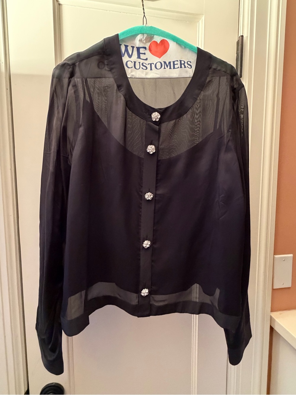 J. Crew Black Sheer Button-Front Blouse with Rhinestone Buttons